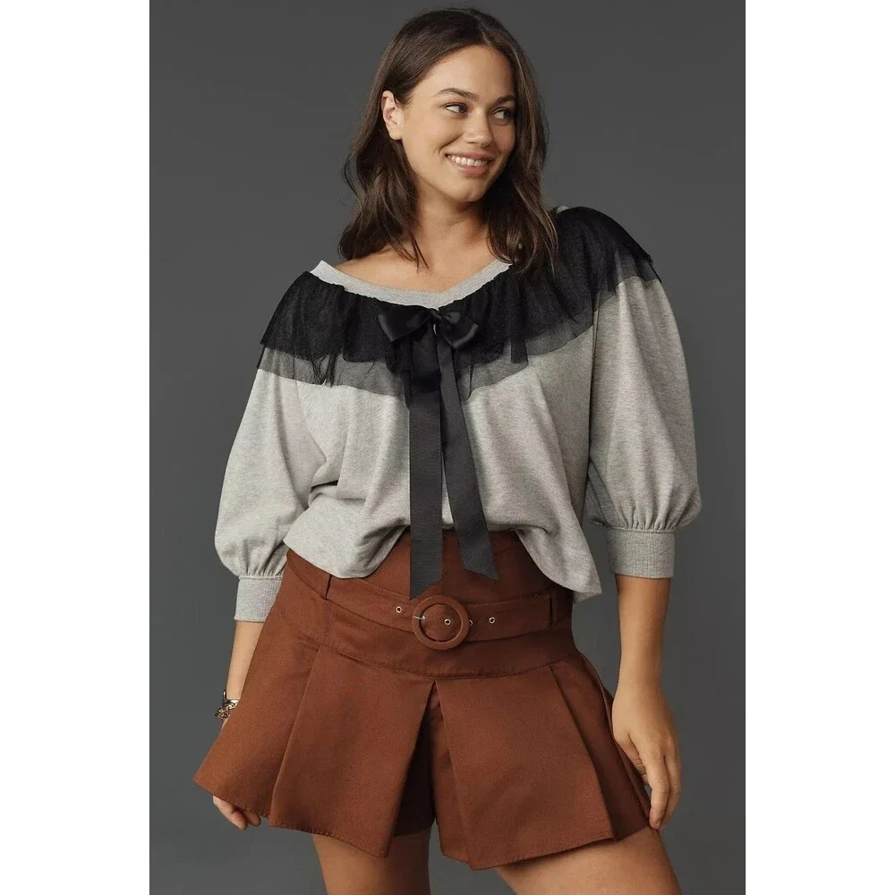 Anthropologie Maeve V-Neck Bow Sweater Pullover Top Tulle Mesh Ruffle XL 289709